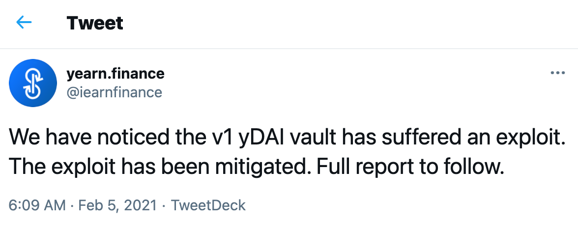 Yearn 遭到攻击损失1100万美元，目前该漏洞已得到缓解
