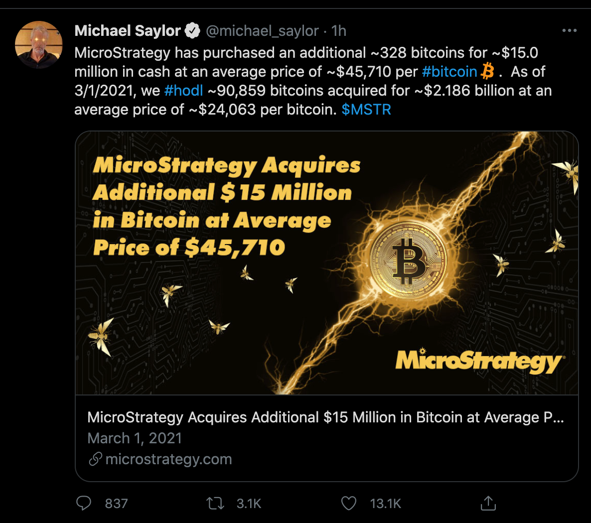 持续买入！MicroStrategy再度买入价值1500万美元的比特币