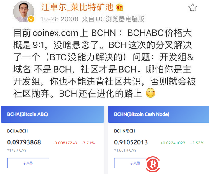 BCH硬分叉在即，Coinex、OKEx均称平台将选择价格较高链继承BCH命名