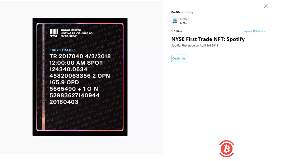  纽约证交所推出纪念Spotify等第一笔交易的NFT 