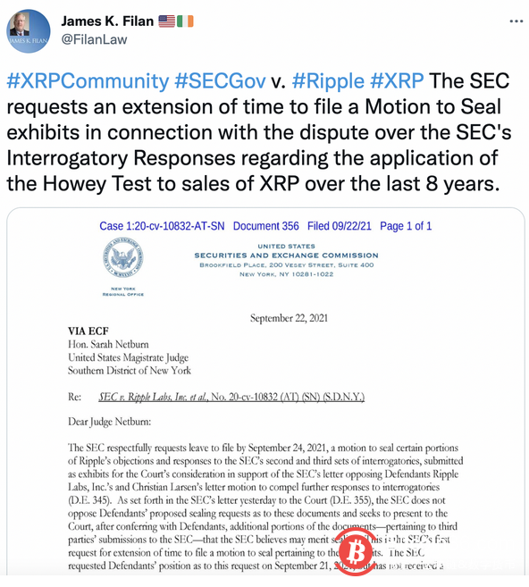 律师：美SEC寻求延长提交封存关于豪威测试应用于XRP销售相关证据的动议