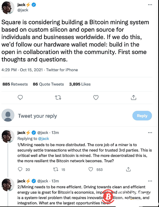 推特及Square首席执行官Jack Dorsey发推文称，美国移动支付公司Square正在考虑为全球的个人和企业构建基于定制芯片和开源的比特币挖矿系统。 
