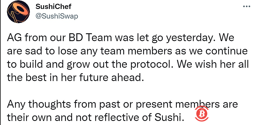  SushiSwap回应负面言论：AG确实已经离职，任何言论不代表Sushi官方 