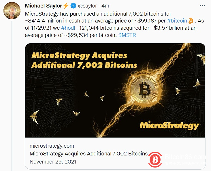  Micro Strategy再次以4.144亿美元购入7002枚比特币 